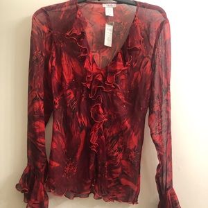 Beautiful red sheer silk blouse with ruffed sleeves and collar.